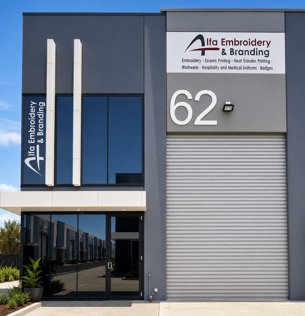 The Alfa Embroidery & Branding workshop at 62 Ferntree Gully Road, Knoxfield