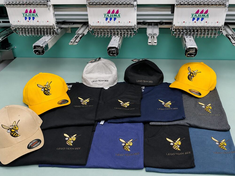Embroidered caps and apparel for Lego Team Bee